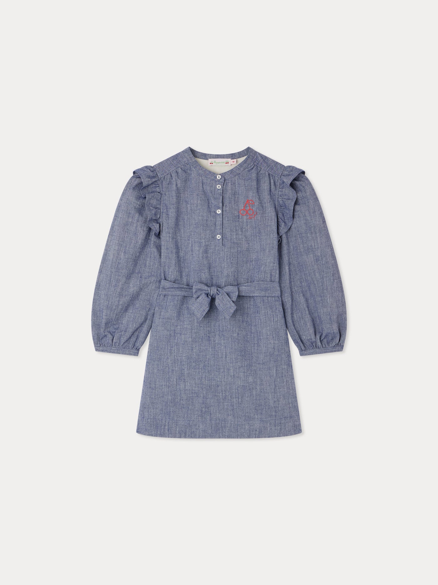 Robe Tosca en chambray brodée cerise à la poitrine